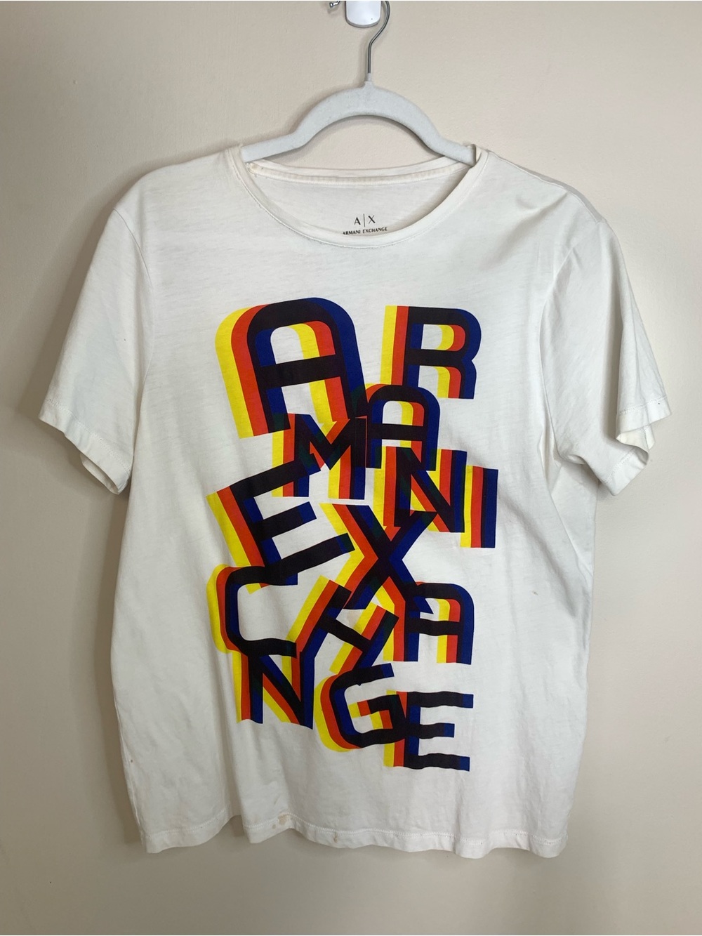 Armani Exchange White Tee with Multicolor Stacked Logo